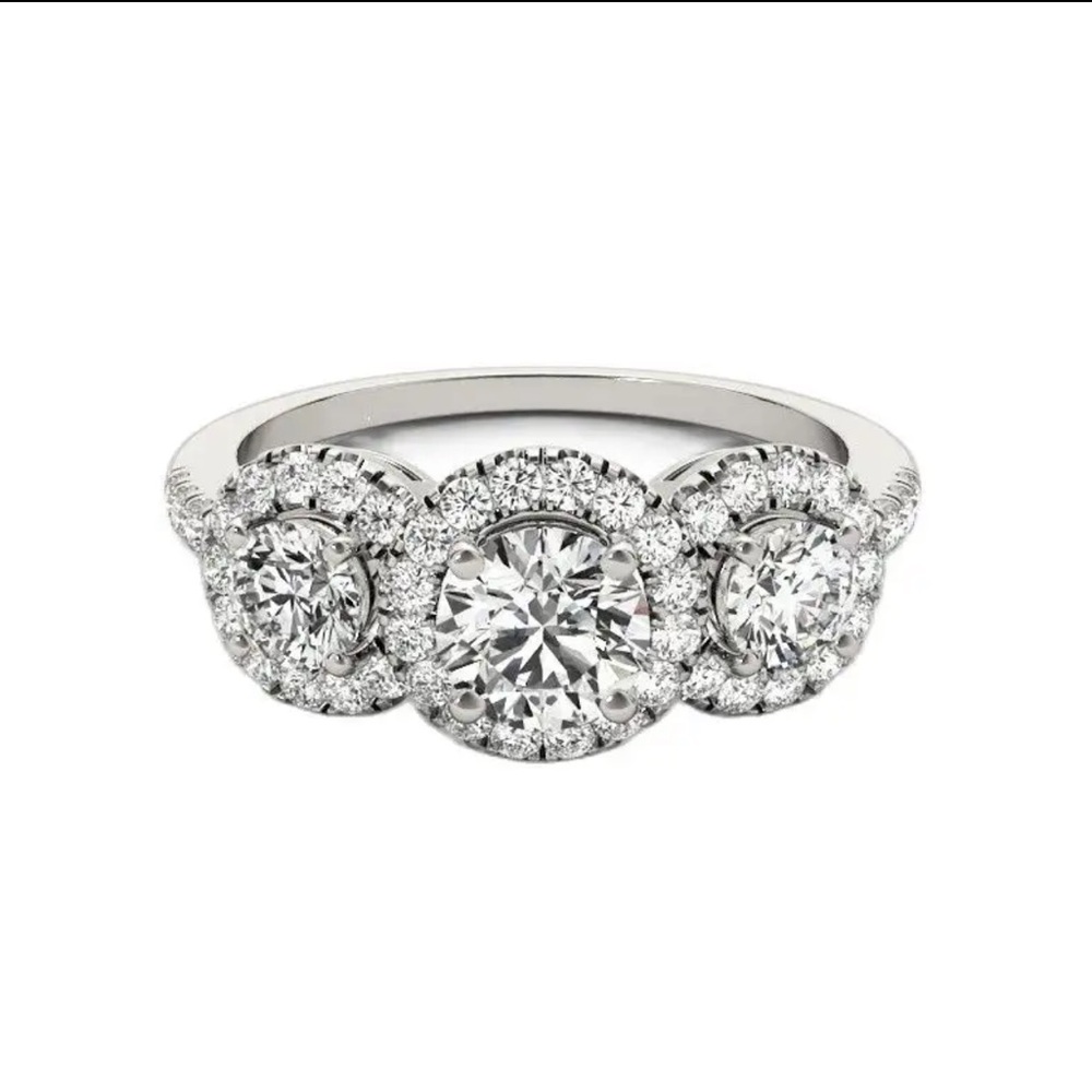 3 stone round brilliant hallo engagement ring